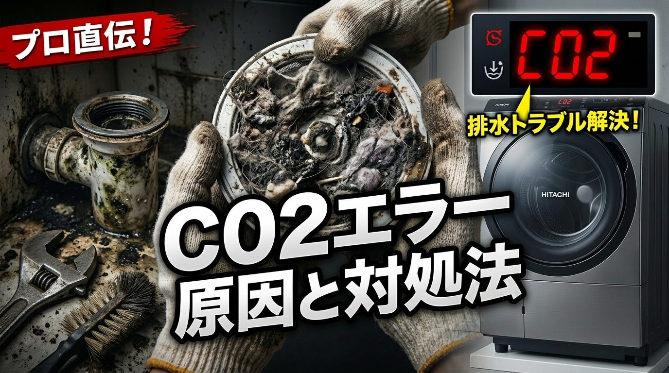 Gloved hands hold a clogged filter beside dirty pipes; a washing machine shows a CO2 error with bold Japanese text about causes and fixes.