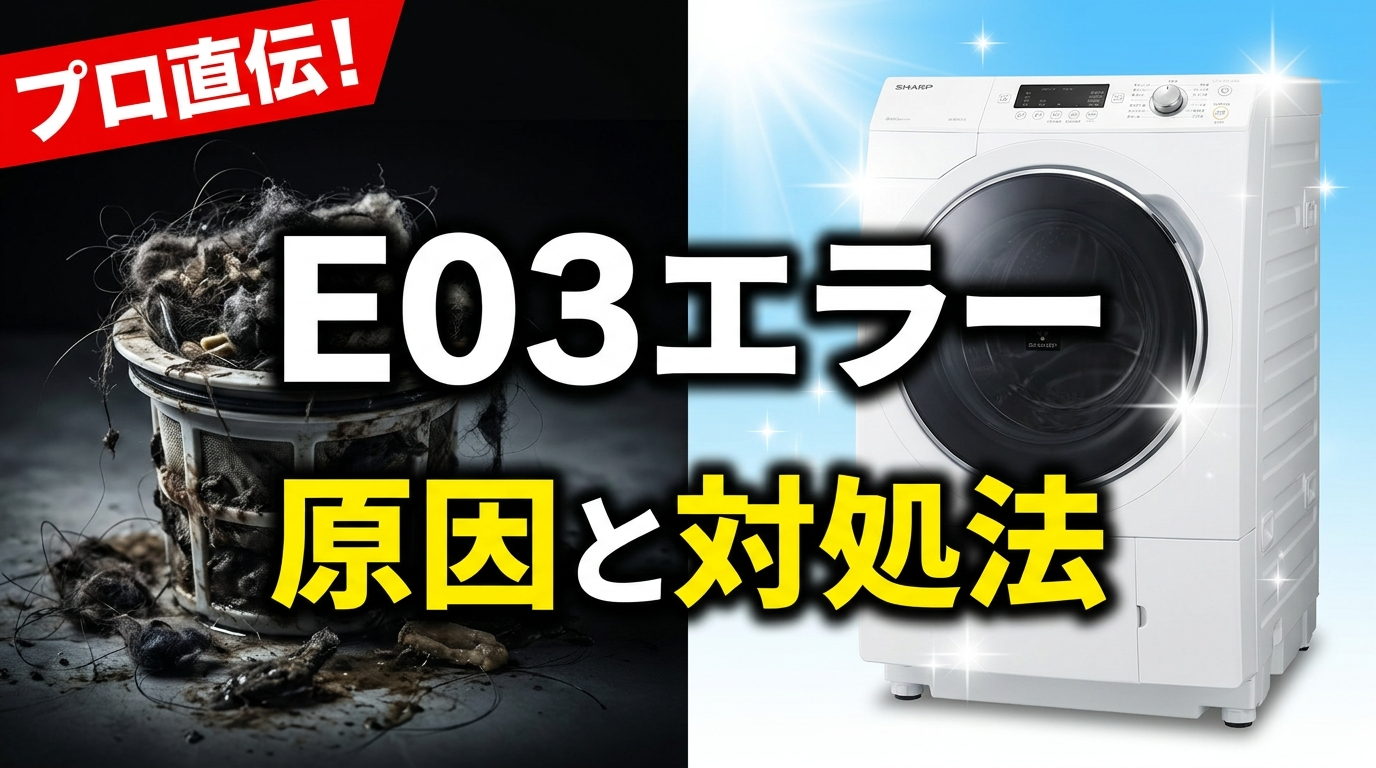 Split image showing a dirty trash can on the left and a white washing machine on the right, with bold Japanese text reading 'E03エラー 原因と対処法' and a red 'プロ直伝！' banner at the top-left, implying a tutorial video.