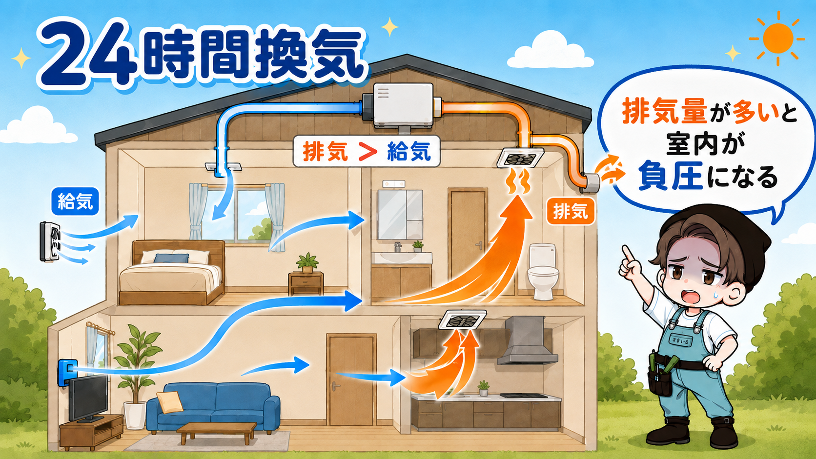 24時間換気で排気量が給気量を上回ると室内が負圧になる仕組みの図解