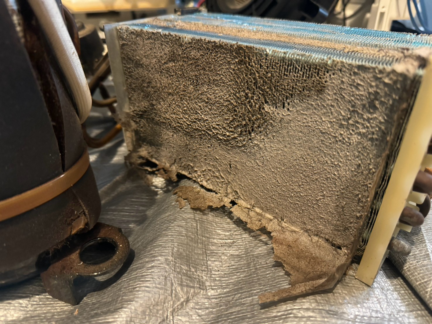 10年以上分の埃が層になってこびりつき、フェルト状になった熱交換器のフィン部分