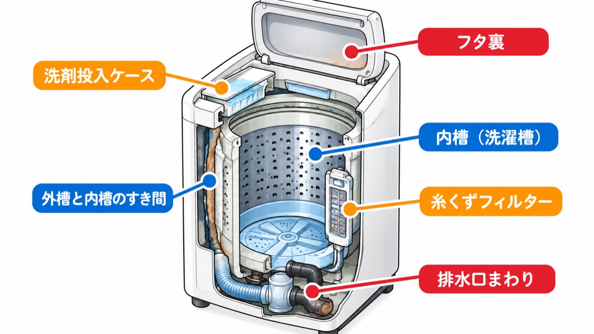 縦型洗濯機の内部構造の図解