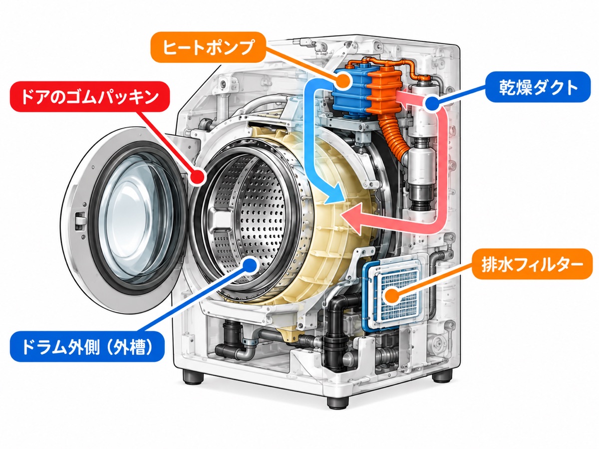 ドラム式洗濯機の内部構造の図解