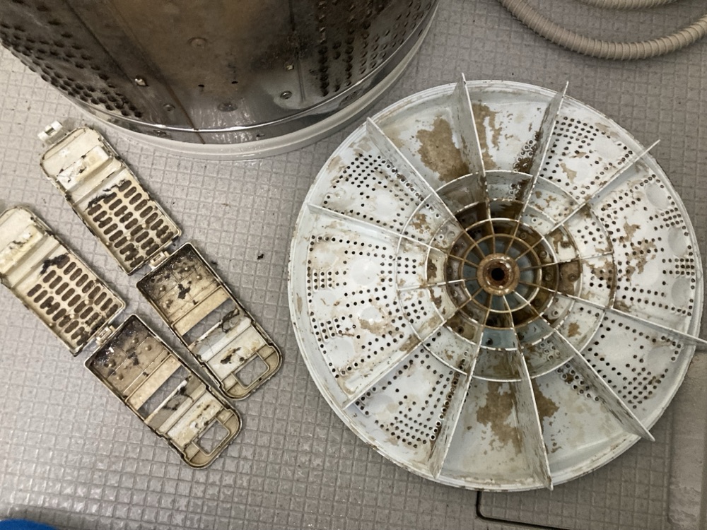 縦型洗濯機の糸くずフィルターとパルセーターの汚れ