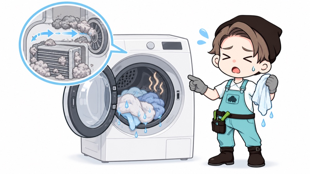 乾燥機能の低下：ホコリが詰まったドラム式洗濯機のイラスト