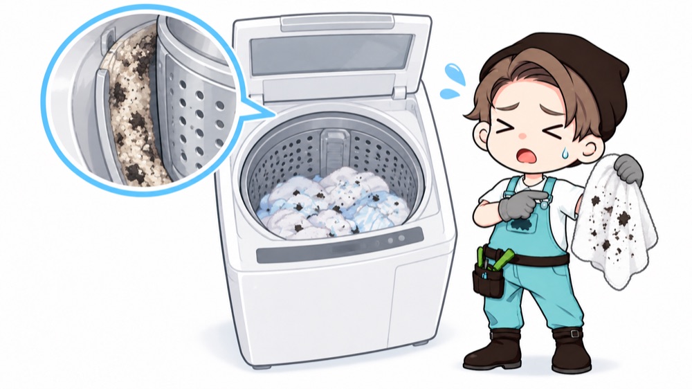 洗剤カスによるカビ：黒いカスが付いた洗濯物のイラスト