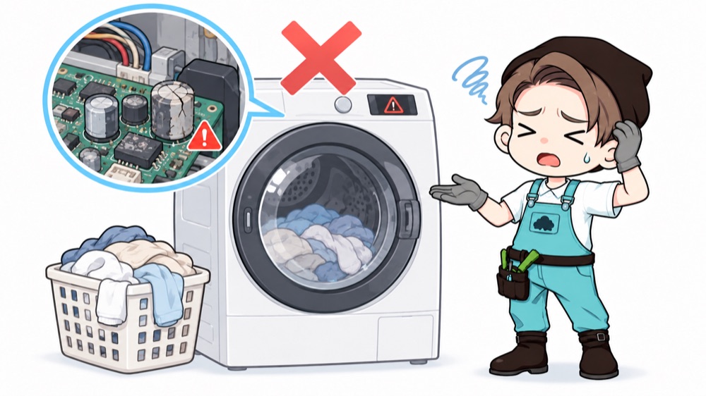 劣化部品による故障：基板が劣化した洗濯機のイラスト